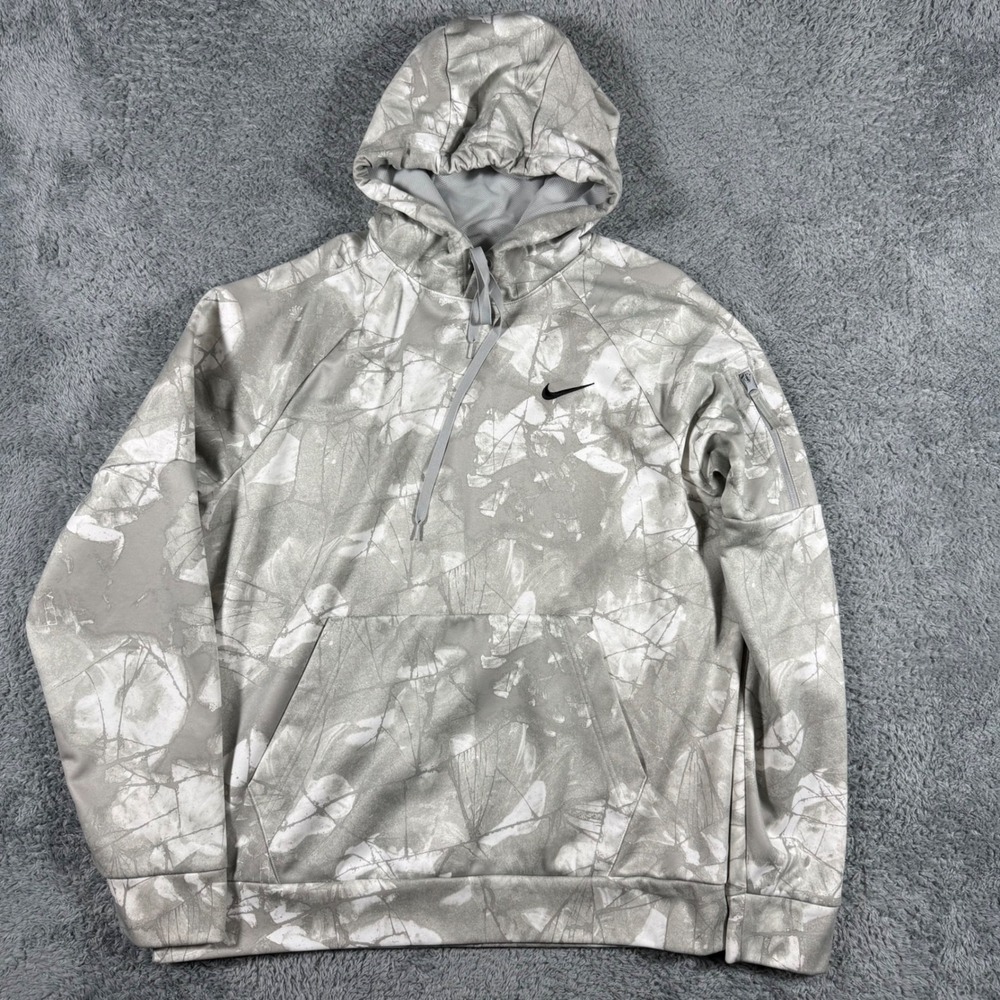 Nike Therma-FIT Hoodie Mens Medium Grey Camo Print Zipper Sleeve Pocket Pullover